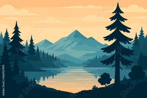 Vector illustration of a serene mountain landscape with a calm lake and pine forest. Beautiful nature scenery with tree silhouettes and reflection at sunrise or sunset.