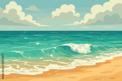 Summer beach landscape with sandy shore and turquoise sea waves. Ocean water background with sky and clouds. Flat vector cartoon illustration for travel, vacation concepts.