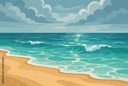 Beach landscape vector background with sun glare on water. Tropical sandy shore with sea waves and cloudy sky. Modern cartoon illustration for summer vacation, travel poster.