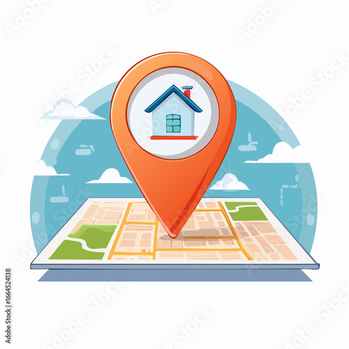 Cartoon Map Illustration With House Icon Pinpoint