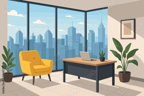 Modern office workplace interior. Empty business center room with desk, laptop, and yellow armchair. Panoramic window with a view of the metropolis cityscape. Flat vector illustration.