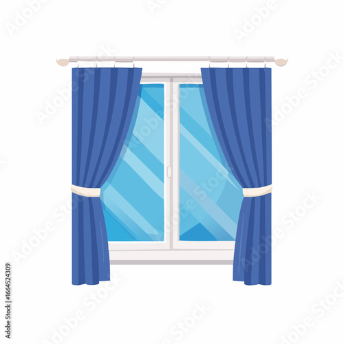 Blue Curtains At White Window Illustration