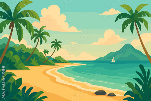 Panoramic tropical landscape with palm trees on a paradise island. Vector illustration of an exotic nature seascape with beach and ocean. Summer vacation travel background concept.