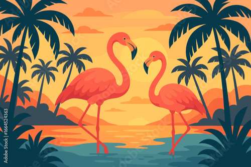 Two pink flamingos in tropical paradise. Exotic birds on a beach with palm trees at sunset. Summer vacation travel background. Wild nature landscape. Modern flat vector illustration.