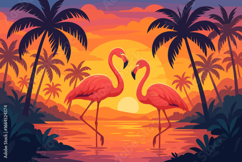 Two pink flamingos in love at sunset. Tropical paradise landscape with palm trees silhouettes. Exotic summer vacation background. Wild nature scene. Vector cartoon illustration.