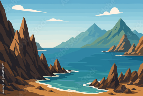 Rocky coast vector landscape illustration. Seascape with sharp rocks, mountains, and sea bay. Flat design for travel banner, background, or poster. Scenic nature view concept.