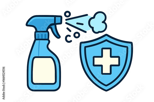 Protective spray bottle and shield icon. Disinfection, cleaning, sanitizer concept. Antibacterial and antiseptic solution for hygiene. Health care and medical safety symbol.