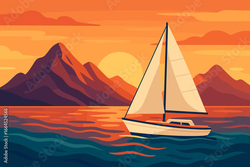 Sailing boat on the ocean at sunset. Yacht sailing in the sea against mountains. Scenic landscape. Concept of travel, vacation, freedom, journey, discovery, calm, serene.