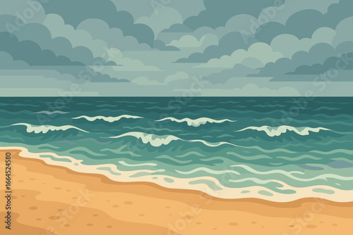 Seascape vector background with restless sea waves on a sandy beach. Cloudy, stormy weather over the ocean. Flat cartoon illustration of a coastal landscape. Nature concept.