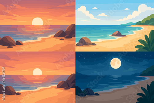 Beach landscape set. Sea coast at different times: sunrise, day, sunset, night. Ocean background collection. Vector illustration of nature scenery with sun, moon, sand, rocks.