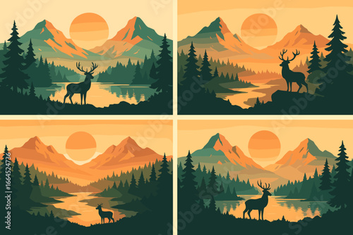Mountain landscape set with deer silhouette. Vintage flat vector illustration of forest, lake, river, and sun. Concept for wilderness, nature, travel, adventure, and scenery.