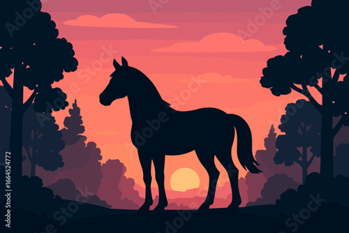 Horse silhouette at sunset. Serene nature landscape with forest trees. Wild animal in countryside scene. Modern flat vector illustration for equestrian or western design concepts.