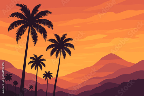 Tropical sunset over mountains with palm tree silhouettes. Summer vacation travel background. Nature landscape with orange sky and hills. Modern flat cartoon vector illustration.