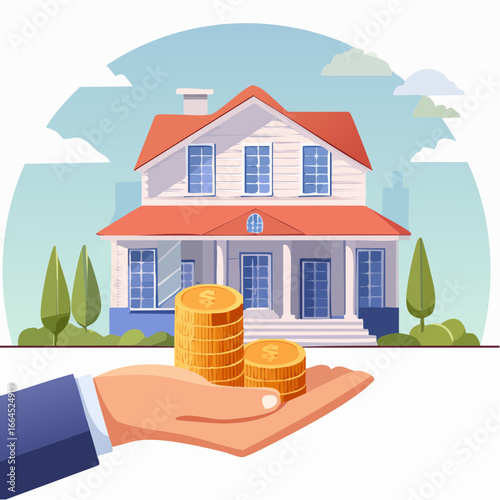 Hand Holding Coins In Front Of A House Illustration