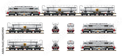 Commuter locomotive carriage train chemicals liquid tanker filled with toxic waste radioactive biological hazard realistic model highly detailed flat vector set illustration