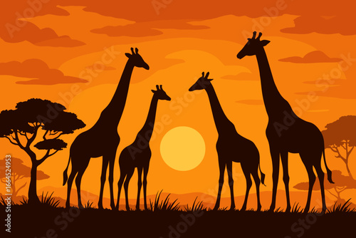 African safari landscape with wild giraffe family silhouettes at sunset. Africa wildlife scenery vector illustration. Nature travel background with acacia tree and orange sky.