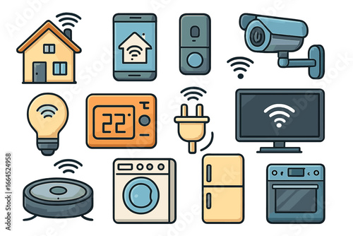 Smart home technology icon set. Vector illustration of house automation system. Internet of things icons for app, web. Remote control of appliances, security, lighting, climate.