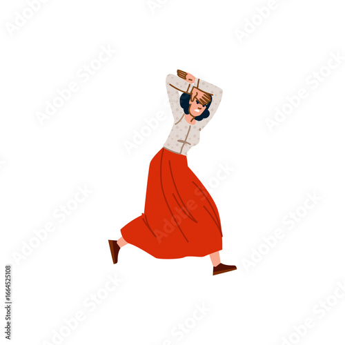 Scared woman running away protecting herself from danger