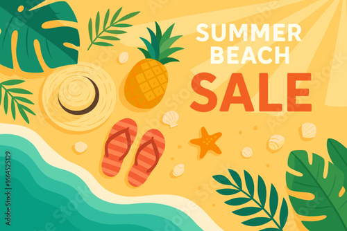 Summer beach sale promotion banner. Top view on sand with ocean wave, sun rays, shells, starfish, pineapple, hat, flip flops. Tropical paradise vacation advertising concept.