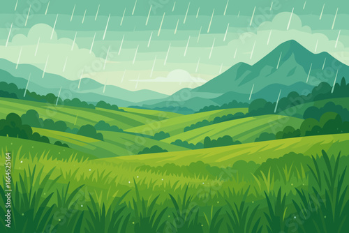 Summer rain landscape with green meadows, fields, and mountains. Rainy day weather scenery with fresh grass and hills. Beautiful nature background vector illustration concept.