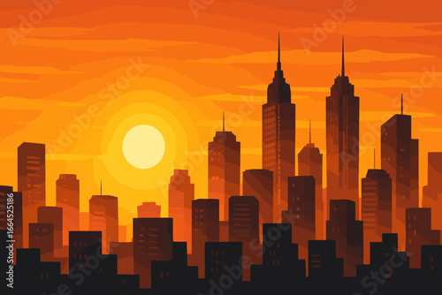 Modern city skyline silhouette at sunset or sunrise. Urban cityscape with skyscrapers. Downtown panorama with orange sky. Vector background for business, travel or real estate.