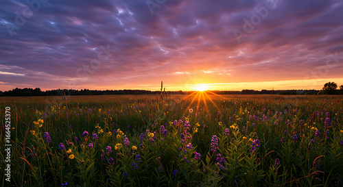 Vibrant Sunset over Wildflower Meadow