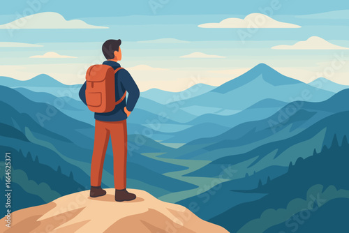 Man on mountain top looking at landscape. Hiker with backpack enjoys the view from the summit. Concept of success, achievement, goal, discovery, travel and adventure. Vector.