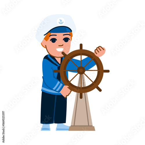 Young sailor steering ship wheel, future captain, nautical adventure