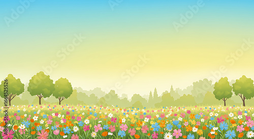 Sunny Meadow Landscape with Wildflowers and Trees