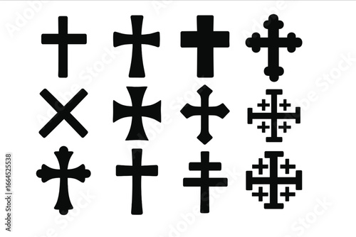 Christian cross icon set. Collection of various religious symbols. Latin, Greek, Jerusalem cross. Faith, spirituality, crucifix sign. Church logo element. Black silhouettes.