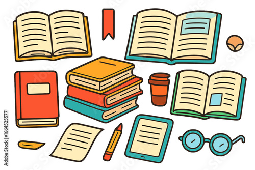 Set of education and reading icons. Vector cartoon books, library elements, school supplies. Flat design literature and knowledge concept. Open book, stack, e-reader, glasses, coffee.