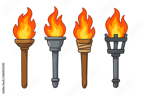 Vector set of cartoon torches with flames. Various styles of ancient and medieval fire torches for games or adventure concepts. Graphic design element, icon, clipart isolated.