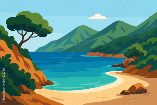 Vector illustration of a Mediterranean mountain beach. Serene ocean lagoon with sandy shore. Summer vacation travel background. Coastal landscape with trees. Flat cartoon style.