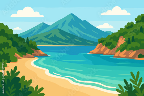 Mediterranean beach landscape vector. Summer travel vacation background. Ocean sea bay with mountain and coast. Tropical paradise lagoon scenic view. Modern flat cartoon illustration.