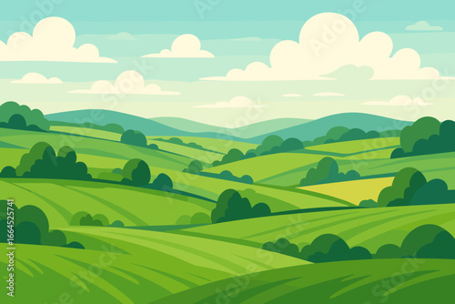 Green hills landscape vector illustration. Cartoon countryside scenery with fields, meadows, and blue sky with clouds. Flat design background for summer or spring nature concept.