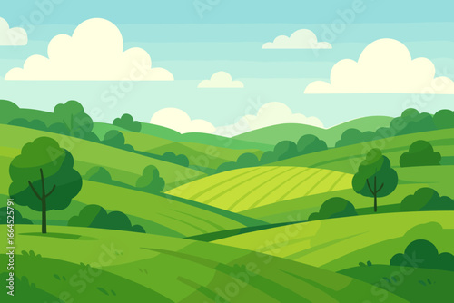 Green agricultural farm landscape with fields and meadows. Summer rural nature background with rolling hills, trees, and sky. Vector cartoon graphic for eco or organic concepts.