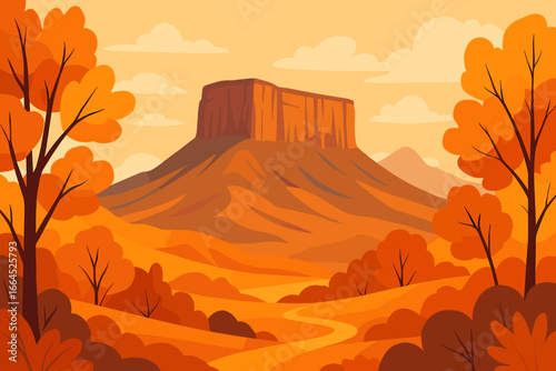 Vector illustration of an amazing autumn landscape. Mountains of Latin America, Tepui. Table Mountain, Mesa, Roraima. Scenery for travel, adventure and web design.