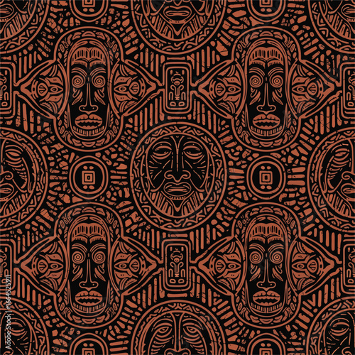 Seamless Pattern, Seamless pattern showcasing African tribal mask designs on a dark background Stock royalty free image.