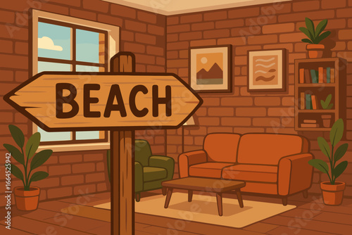 Beach sign in living room vector illustration. Surreal concept of vacation desire, holiday dreams, travel and escapism. Funny metaphor for wanting to be elsewhere. Cozy home.