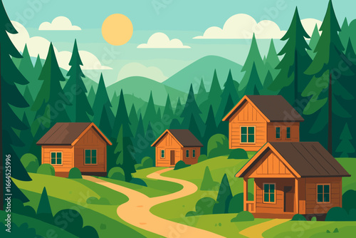 Summer landscape with wooden cabins in a pine forest. Vector illustration of a mountain village. Concept for hiking, camping, nature travel. Serene rural scenery background.