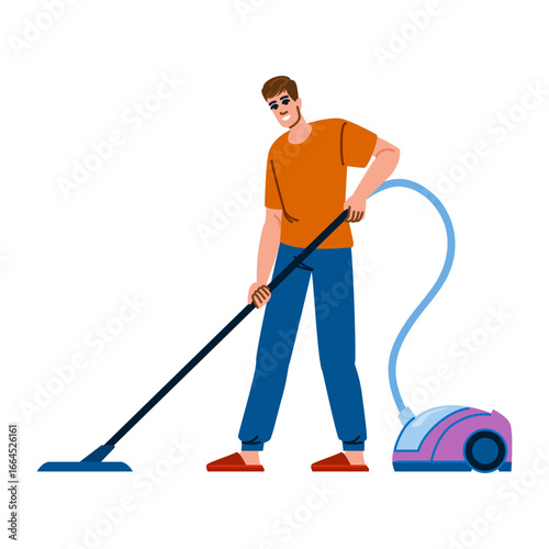 Man vacuuming floor, cleaning home, domestic work illustration