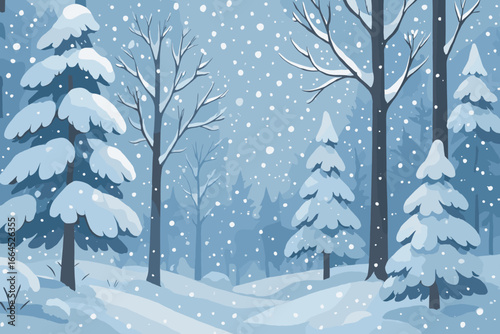 Winter forest landscape with snowfall. Snowy nature background with pine and fir trees covered in snow. Cold weather scene. Modern flat vector cartoon illustration for Christmas.