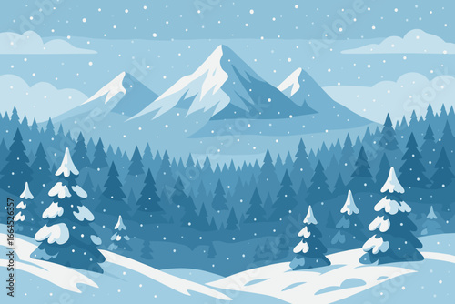 Winter mountain landscape with snowy forest and falling snow. Christmas holiday background concept. Vector illustration of a beautiful scenic view with pine trees and peaks.