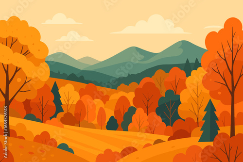 Panoramic autumn landscape vector. Beautiful fall nature scenery with orange forest, mountains, hills. Countryside background illustration. Seasonal woodland outdoor view banner.