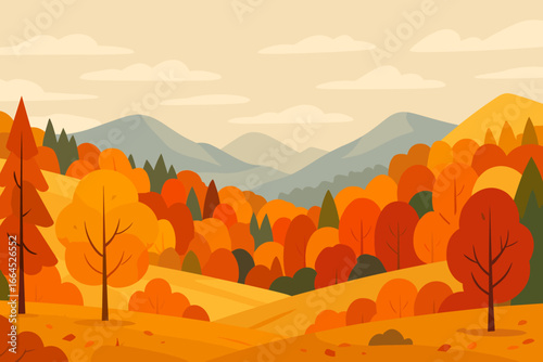 Beautiful autumn panoramic landscape with forest, hills and mountains in the background. Vector illustration of a scenic fall nature scene. Seasonal background with orange trees.