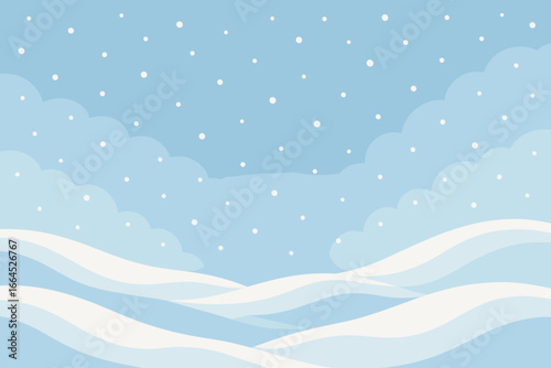 Winter Christmas landscape with snowdrifts and falling snow. Abstract snowy field background. New Year holiday season concept. Frosty weather scenery. Modern flat vector illustration.