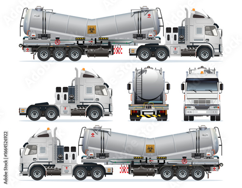 Semi trailer truck chemicals liquid tanker filled with toxic waste radioactive biological hazard 3D model realistic highly detailed flat vector set illustration