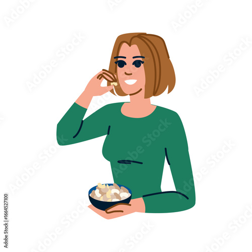 Young woman enjoying a bowl of cashews, healthy snacking and nutrition