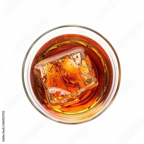 Overhead view of amber liquid in a glass with ice