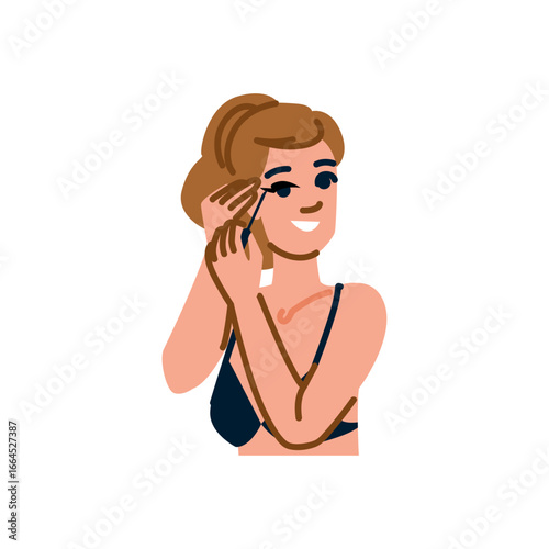 Smiling woman applying mascara on eyelashes getting ready for special occasion